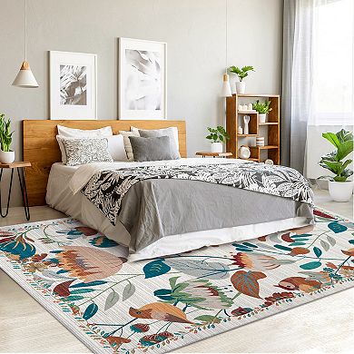 Modern Floral Bird Area Rugs Low Pile Indoor Durable Non Slip Carpet