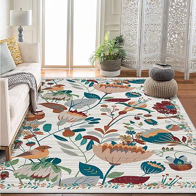 Modern Floral Bird Area Rugs Low Pile Indoor Durable Non Slip Carpet