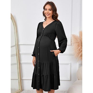 Women's Maternity Long Sleeve Button Down V-Neck Flowy Dress