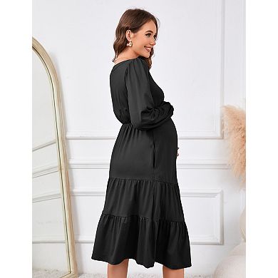 Women's Maternity Long Sleeve Button Down V-Neck Flowy Dress