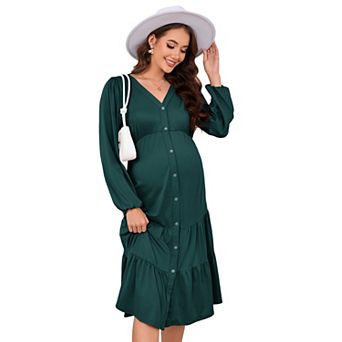 Women's Maternity Long Sleeve Button Down V-Neck Flowy Dress