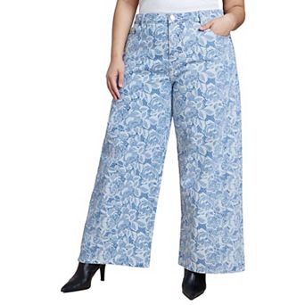 ELOQUII Women's Plus Size Lace Printed Wide Leg Jeans