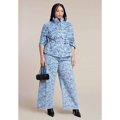 ELOQUII Women's Plus Size Lace Printed Wide Leg Jeans