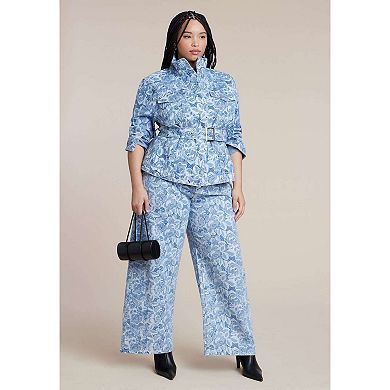 ELOQUII Women's Plus Size Lace Printed Wide Leg Jeans