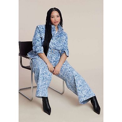 ELOQUII Women's Plus Size Lace Printed Wide Leg Jeans