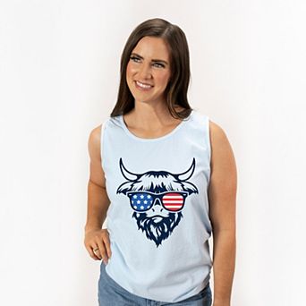 Patriotic Cow Sunglasses - Women's Garment Dyed Graphic Tank Top
