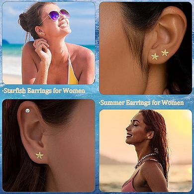 ZUQIETA Seashell & Bow Earring Set - 2-Pair Minimalist Gold Studs, Beach Inspired