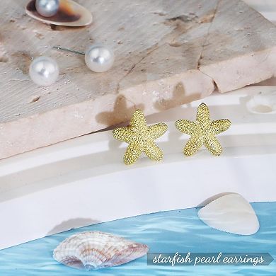 ZUQIETA Seashell & Bow Earring Set - 2-Pair Minimalist Gold Studs, Beach Inspired