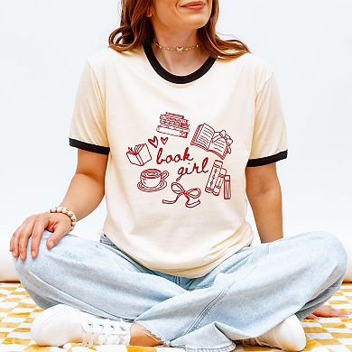 Book Girl Sketched - Women's Ringer Graphic T-Shirt