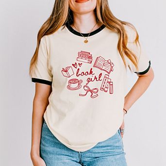 Book Girl Sketched - Women's Ringer Graphic T-Shirt
