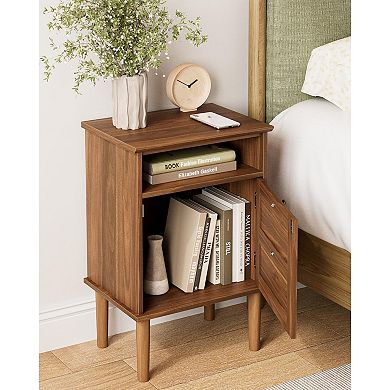 ZUQIETA Boho Nightstand with Drawer & Open Shelf, Modern Wooden Top Walnut End Table