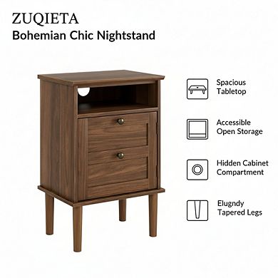 ZUQIETA Boho Nightstand with Drawer & Open Shelf, Modern Wooden Top Walnut End Table