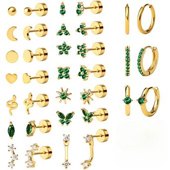 ZUQIETA 17-Pair Surgical Steel Earrings - Hypoallergenic Flat Back Studs for Multiple Piercings