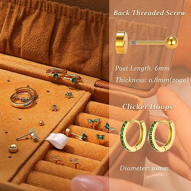 ZUQIETA 17-Pair Surgical Steel Earrings - Hypoallergenic Flat Back Studs for Multiple Piercings