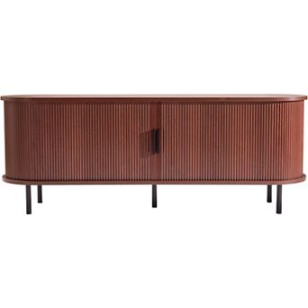 ZUQIETA Fluted TV Stand for 65" TVs, Mid-Century Media Console with Tambour Door & Storage, Walnut