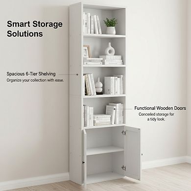 ZUQIETA 71" Bookcase with Doors, 6-Tier Modern Storage Cabinet for Home Office, Living Room