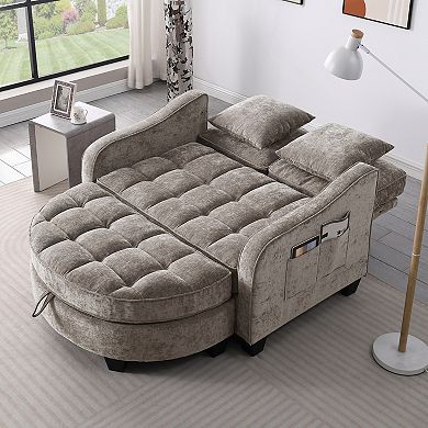 Merax Corduroy Sofa Chair Irregular Arc Design with Plush Check Cushions & Storage