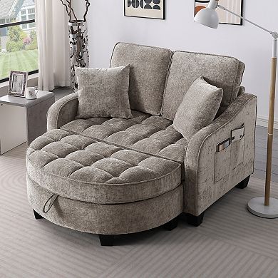 Merax Corduroy Sofa Chair Irregular Arc Design with Plush Check Cushions & Storage