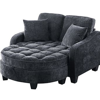 Merax Corduroy Sofa Chair Irregular Arc Design with Plush Check Cushions & Storage