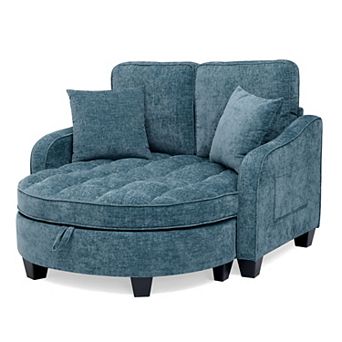 Merax Corduroy Sofa Chair Irregular Arc Design with Plush Check Cushions & Storage