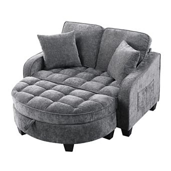 Merax Corduroy Sofa Chair Irregular Arc Design with Plush Check Cushions & Storage