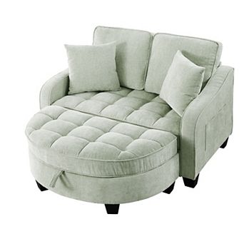 Merax Corduroy Sofa Chair Irregular Arc Design with Plush Check Cushions & Storage