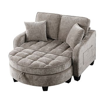 Merax Corduroy Sofa Chair Irregular Arc Design with Plush Check Cushions & Storage