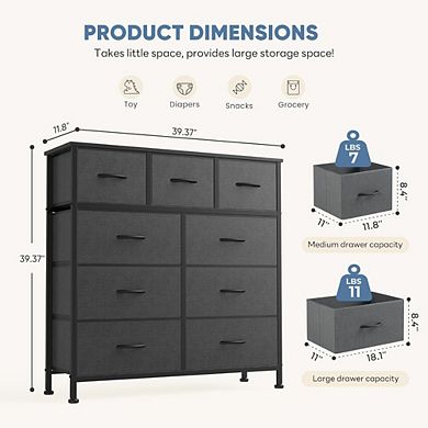 ZUQIETA Modern Grey 9-Drawer Dresser - Fabric Storage with Sturdy Metal Frame & Wood Top