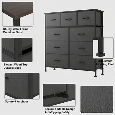 ZUQIETA Modern Grey 9-Drawer Dresser - Fabric Storage with Sturdy Metal Frame & Wood Top