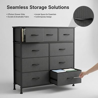 ZUQIETA Modern Grey 9-Drawer Dresser - Fabric Storage with Sturdy Metal Frame & Wood Top