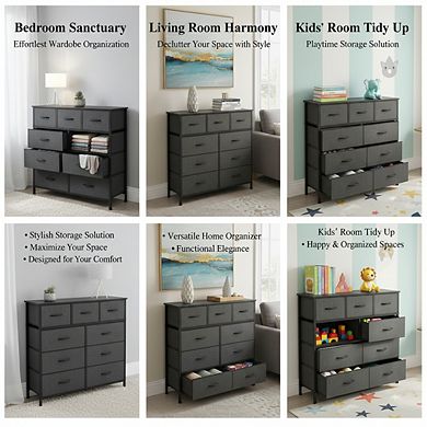 ZUQIETA Modern Grey 9-Drawer Dresser - Fabric Storage with Sturdy Metal Frame & Wood Top