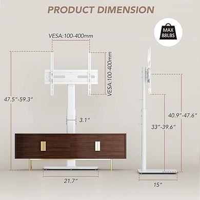 ZUQIETA 70° Swivel Floor TV Stand - 9 Height Adjustments for 27-65” TVs, Space Saving White