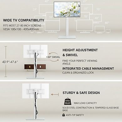 ZUQIETA 70° Swivel Floor TV Stand - 9 Height Adjustments for 27-65” TVs, Space Saving White