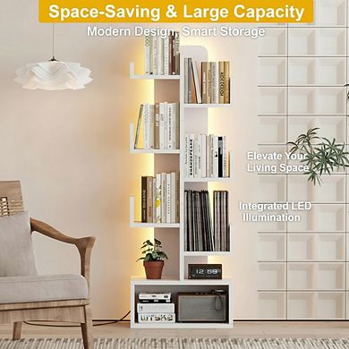 ZUQIETA 6-Tier Bookcase with LED Lights, Classical Corner Shelf for Bedroom, Living Room Home Office