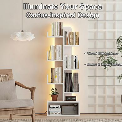 ZUQIETA 6-Tier Bookcase with LED Lights, Classical Corner Shelf for Bedroom, Living Room Home Office