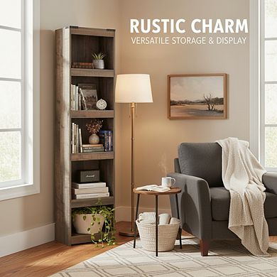 ZUQIETA Rustic Entertainment Center Bookcase with 3 Adjustable Shelves, Natural Brown