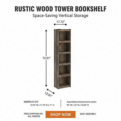 ZUQIETA Rustic Entertainment Center Bookcase with 3 Adjustable Shelves, Natural Brown