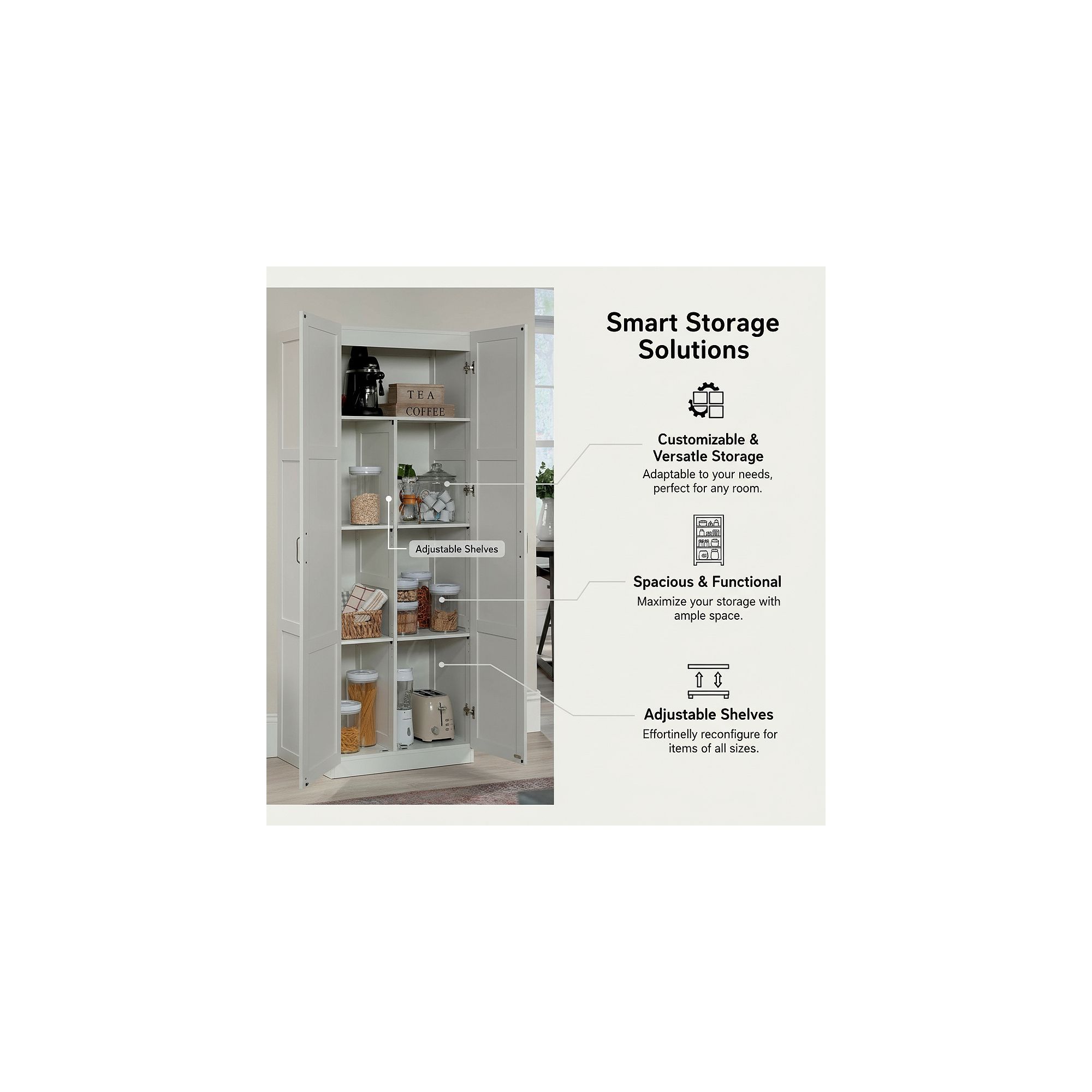 White pantry storage cabinet with adjustable shelves and smart storage features.
