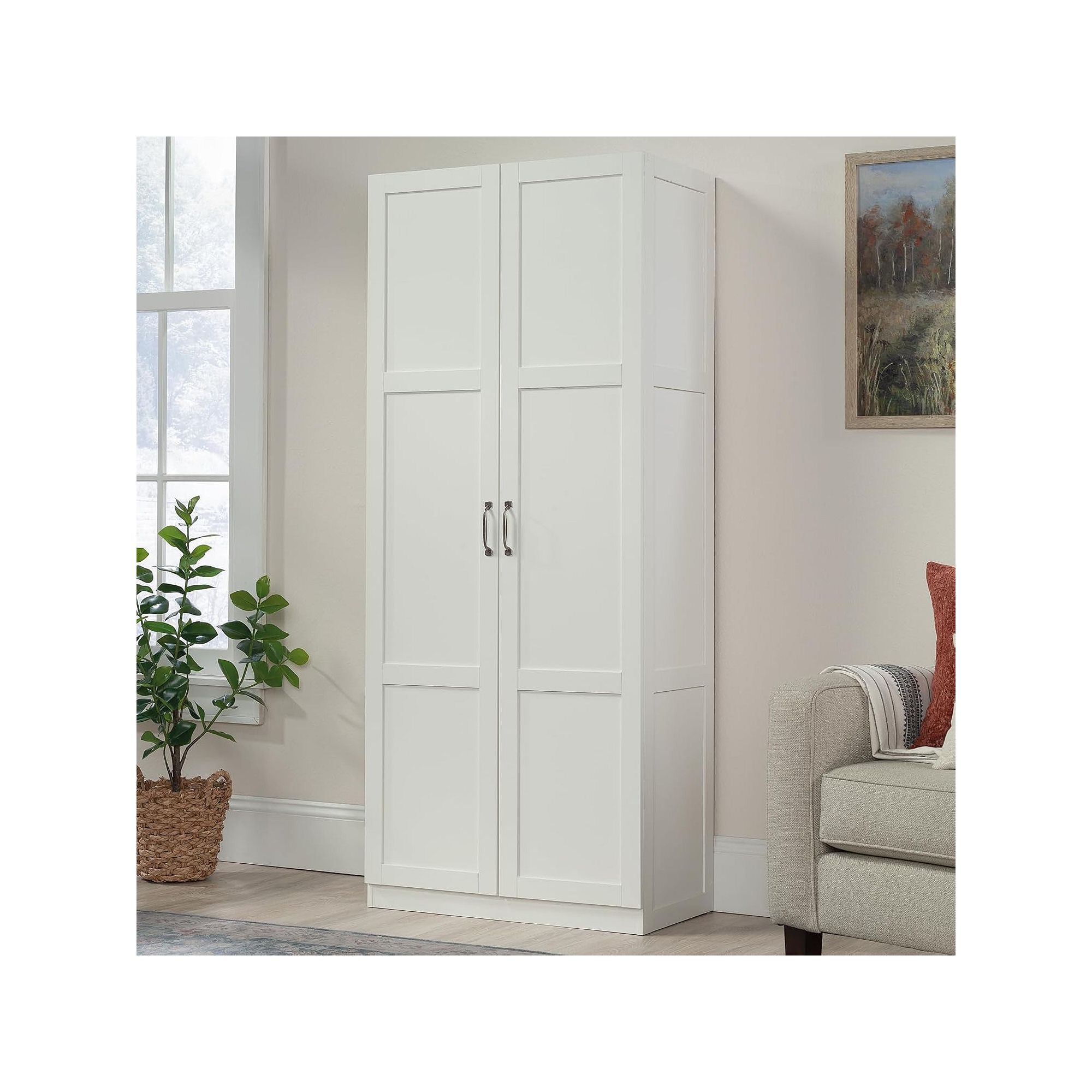 White pantry storage cabinet with double doors and vertical handles.