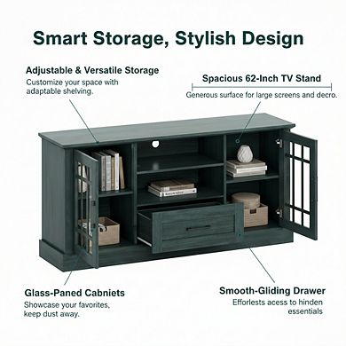 ZUQIETA TV Stand - Storage, Glass Doors & Drawer for 65/70" TVs, Vintage Green