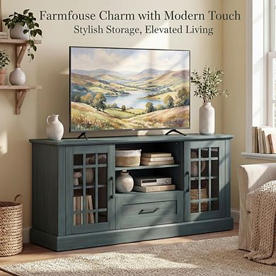 ZUQIETA TV Stand - Storage, Glass Doors & Drawer for 65/70" TVs, Vintage Green