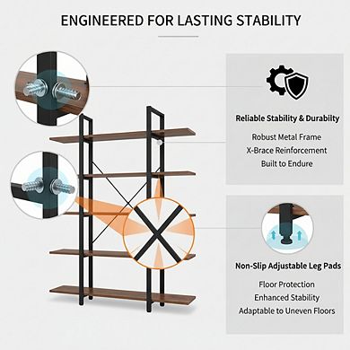 ZUQIETA 5-Tier Vintage Industrial Bookcase, 72" H x 47" L x 12" W