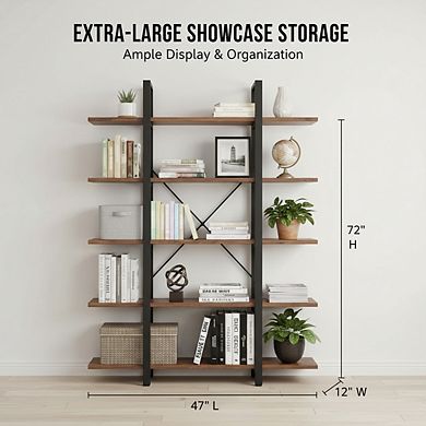 ZUQIETA 5-Tier Vintage Industrial Bookcase, 72" H x 47" L x 12" W