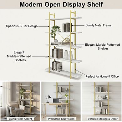 ZUQIETA 5-Tier White Faux Marble Bookshelf, Modern Metal Open Display Shelf for Home Office & Study