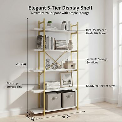 ZUQIETA 5-Tier White Faux Marble Bookshelf, Modern Metal Open Display Shelf for Home Office & Study