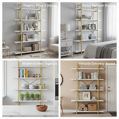 ZUQIETA 5-Tier White Faux Marble Bookshelf, Modern Metal Open Display Shelf for Home Office & Study