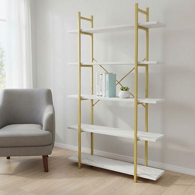 ZUQIETA 5-Tier White Faux Marble Bookshelf, Modern Metal Open Display Shelf for Home Office & Study