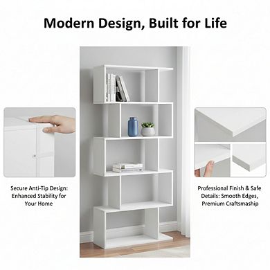 ZUQIETA 5-Tier Wooden Bookcase, Freestanding Room Divider & Display Shelf, White