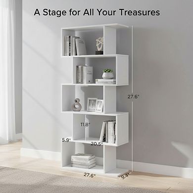 ZUQIETA 5-Tier Wooden Bookcase, Freestanding Room Divider & Display Shelf, White