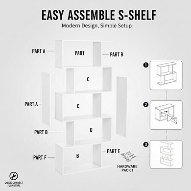 ZUQIETA 5-Tier Wooden Bookcase, Freestanding Room Divider & Display Shelf, White